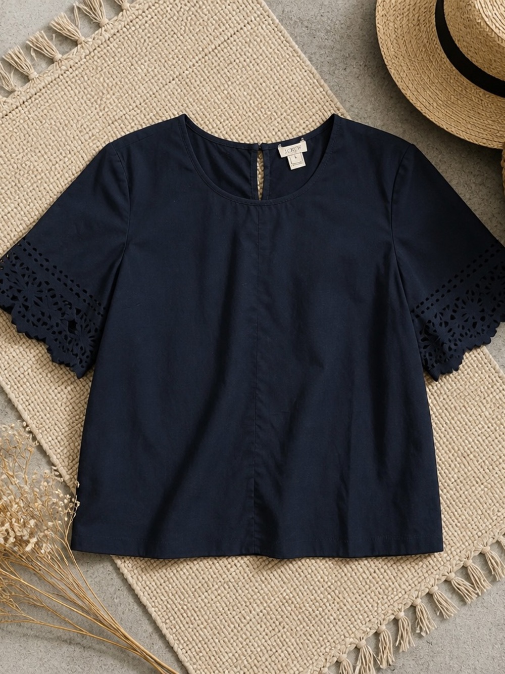 J. Crew Navy Cotton Eyelet-Sleeve Boxy Top